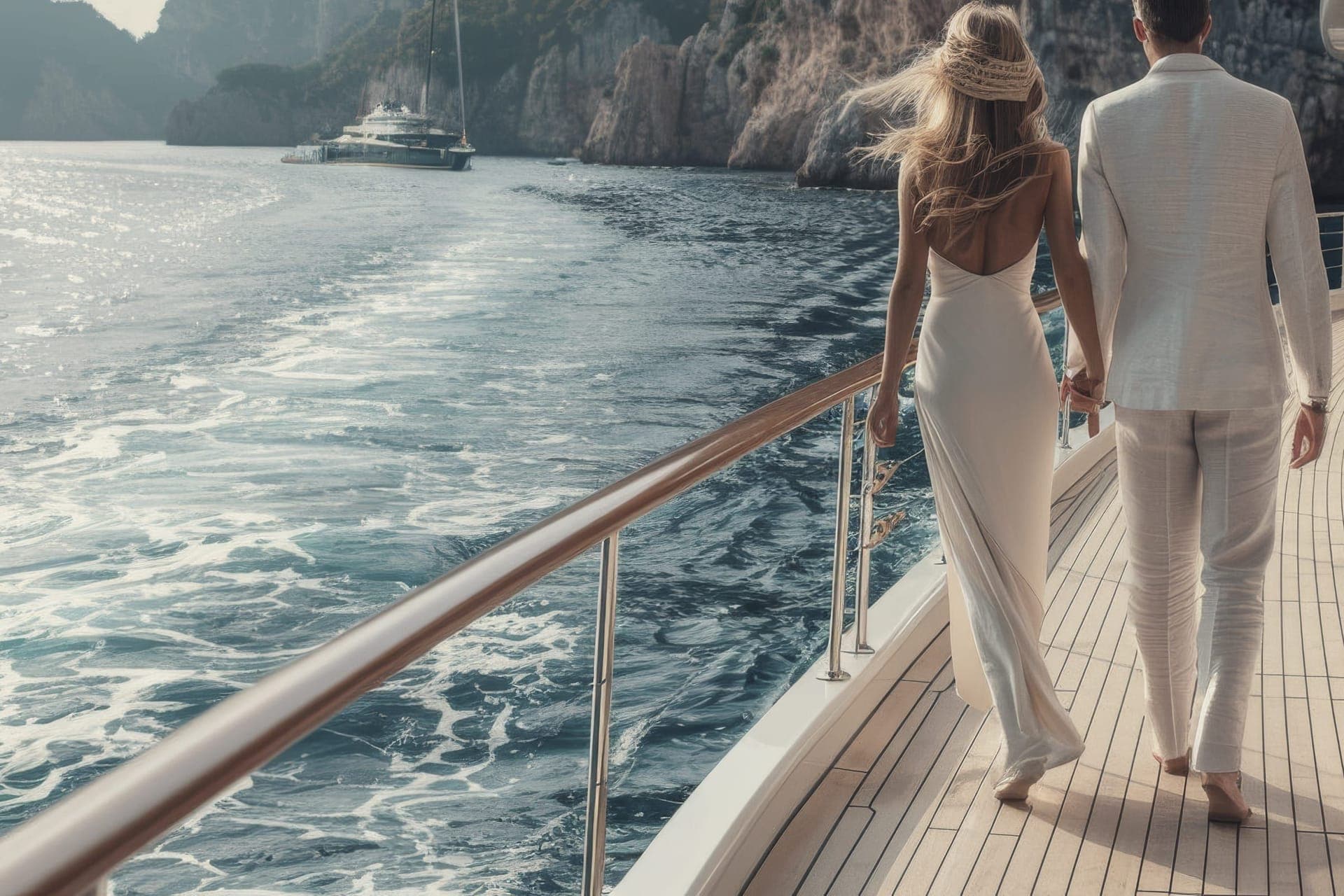 Ein Paar in heller Kleidung geht über das Teakdeck einer Yacht entlang einer felsigen Mittelmeerküste; im Hintergrund liegt eine große Segelyacht vor Anker.